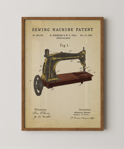 Sewing machine patent print in a natural oak wood frame