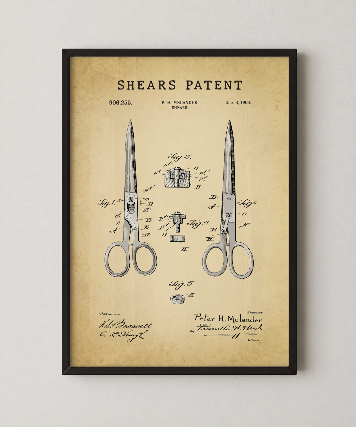 Shears patent print in a black frame