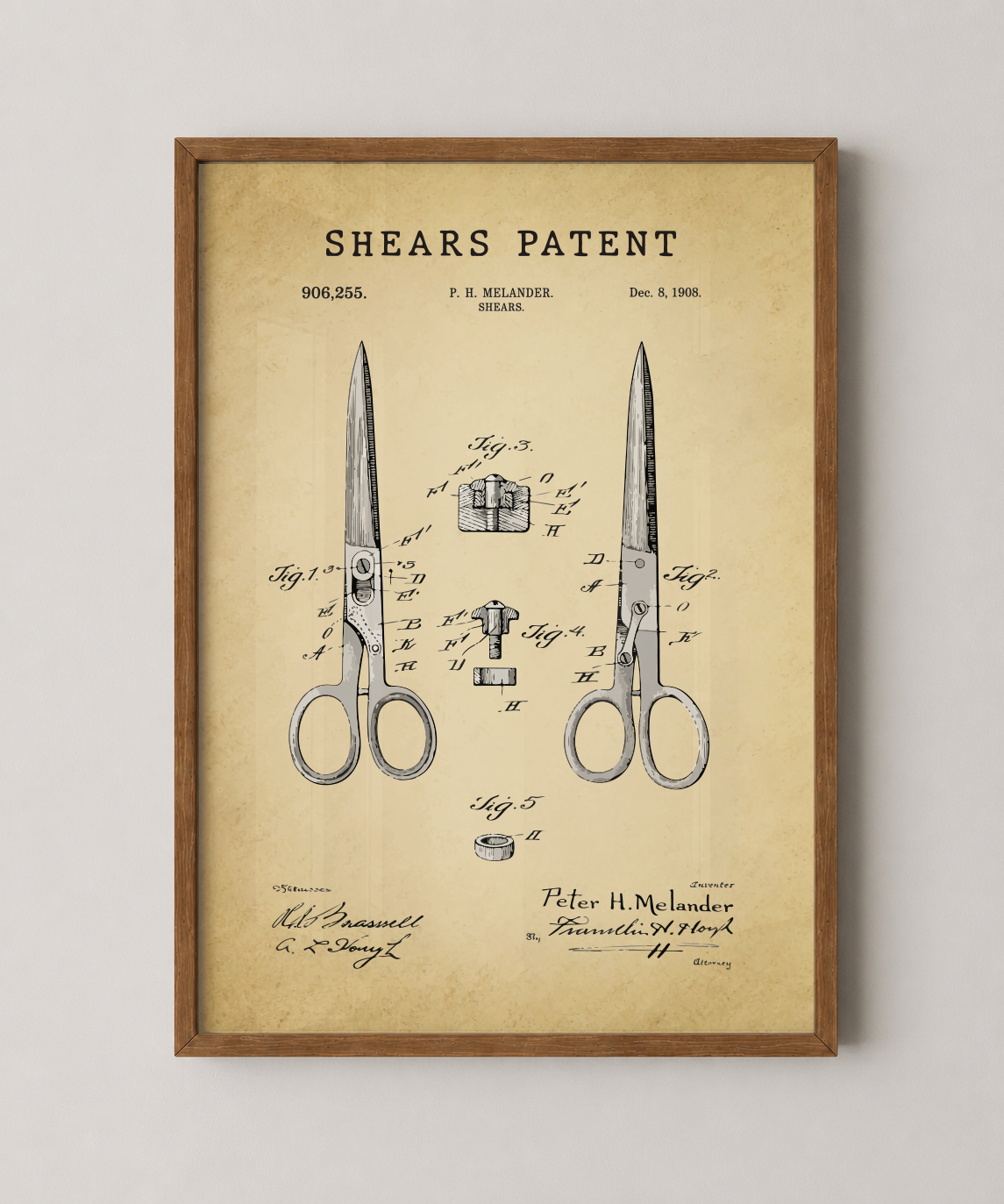 Shears patent print in a natural oak wood frame