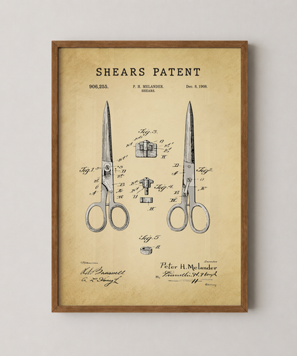 Shears patent print in a natural oak wood frame