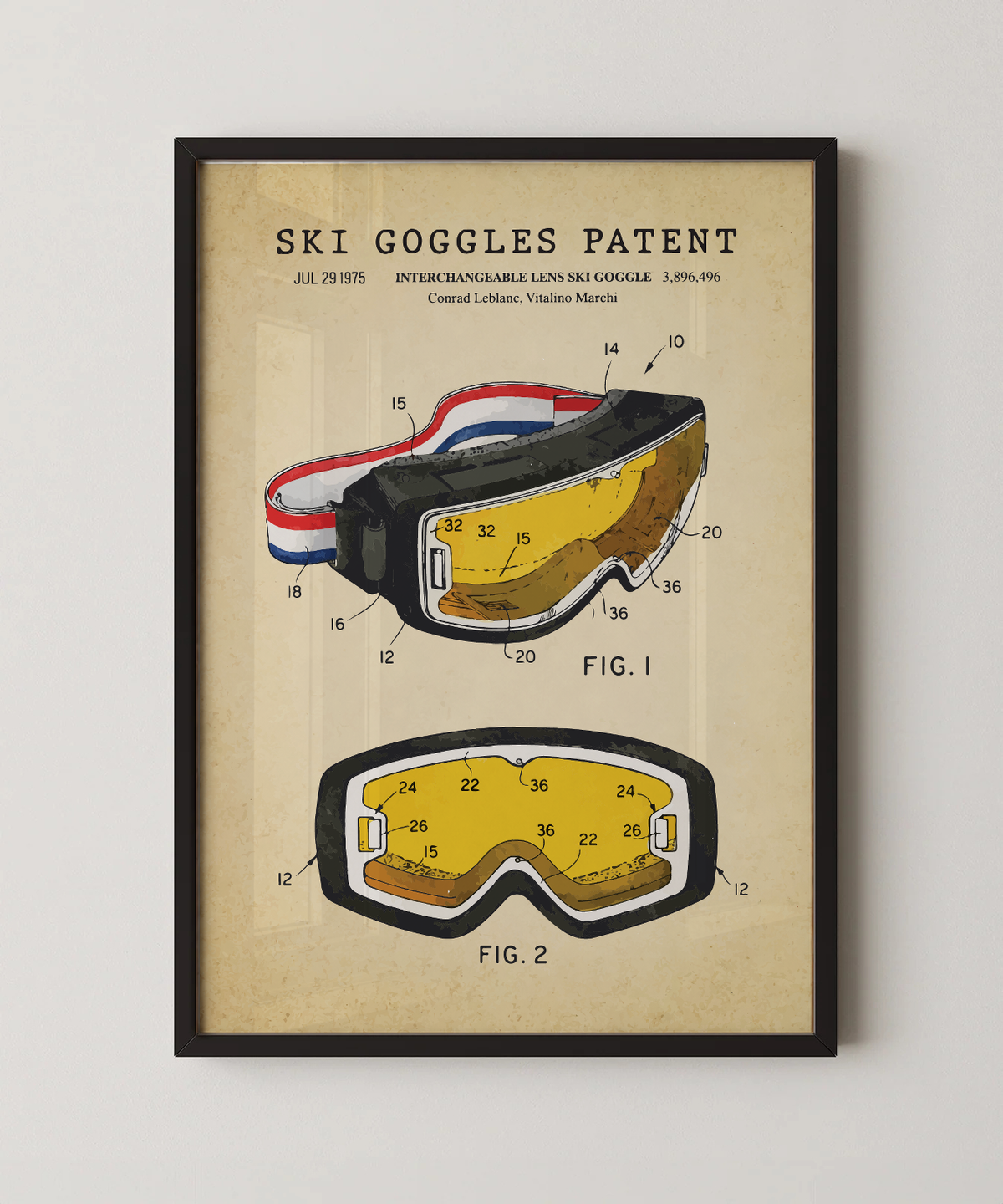 Ski goggles patent print in a black frame