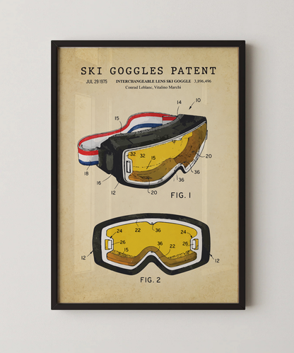 Ski goggles patent print in a black frame