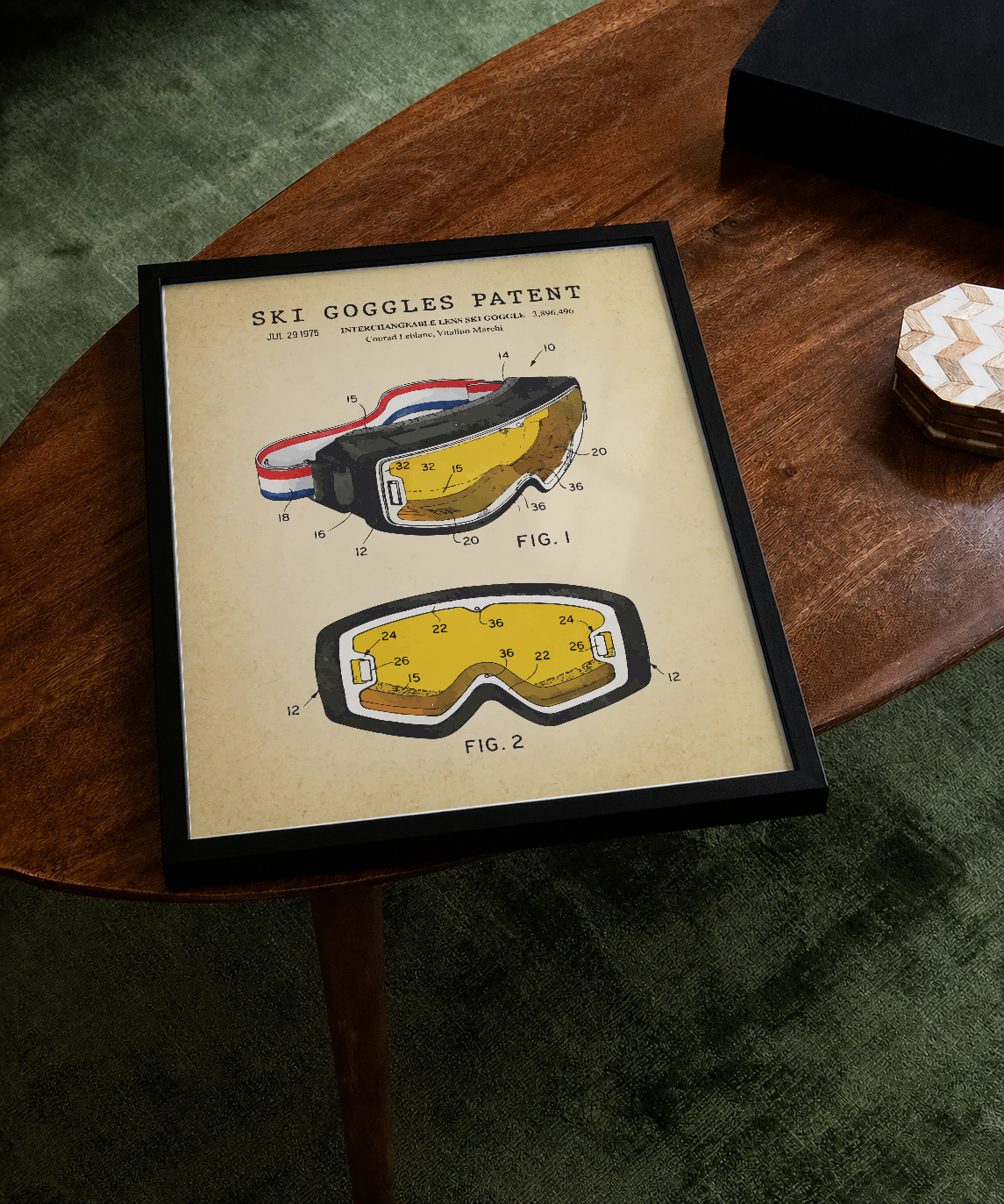 Ski goggles patent print displayed on a tabletop