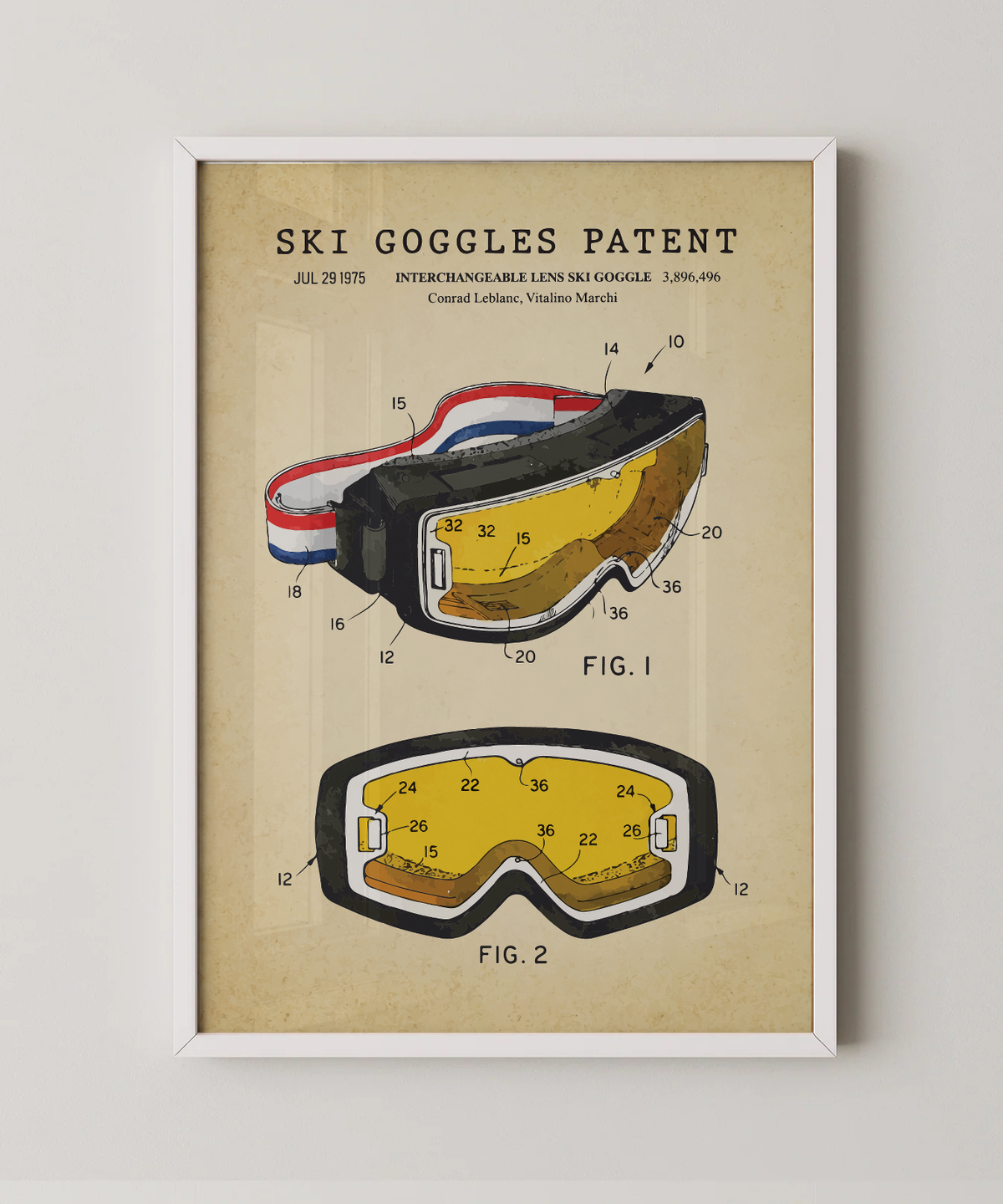 Ski goggles patent print in a white frame