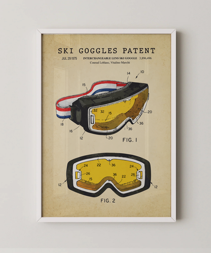 Ski goggles patent print in a white frame