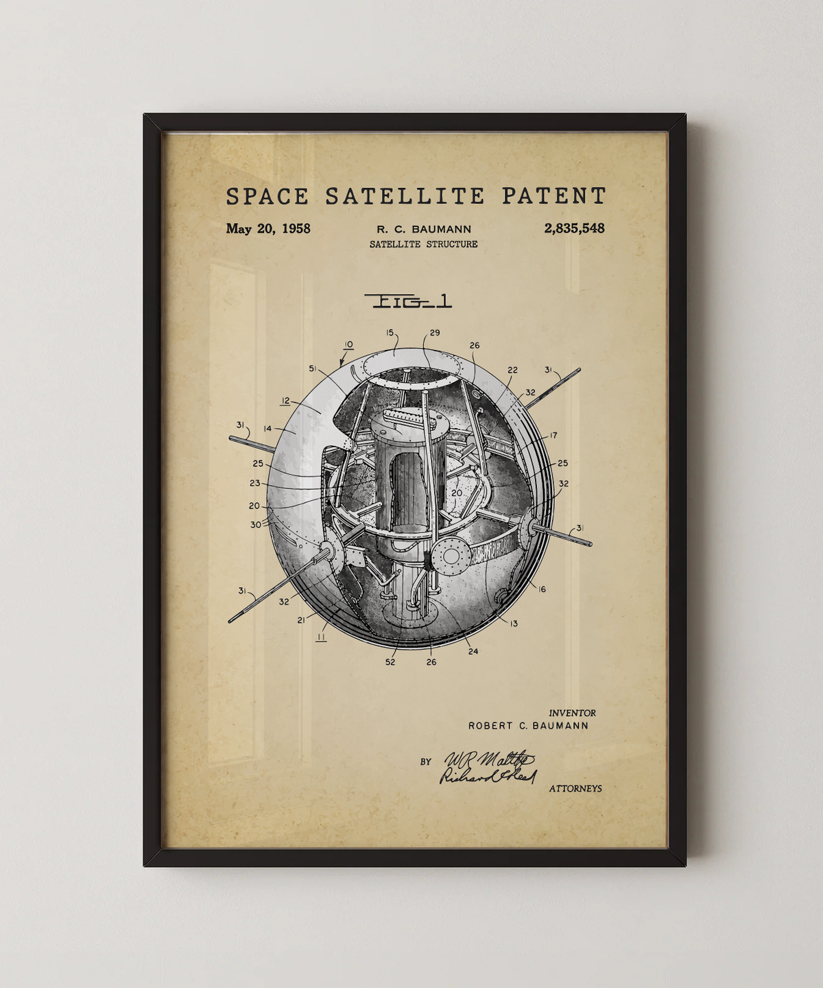 Space satellite patent print in a black frame