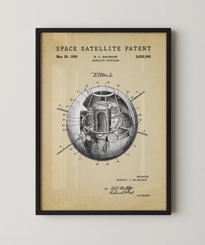 Space satellite patent print in a black frame