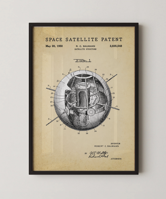 Space satellite patent print in a black frame