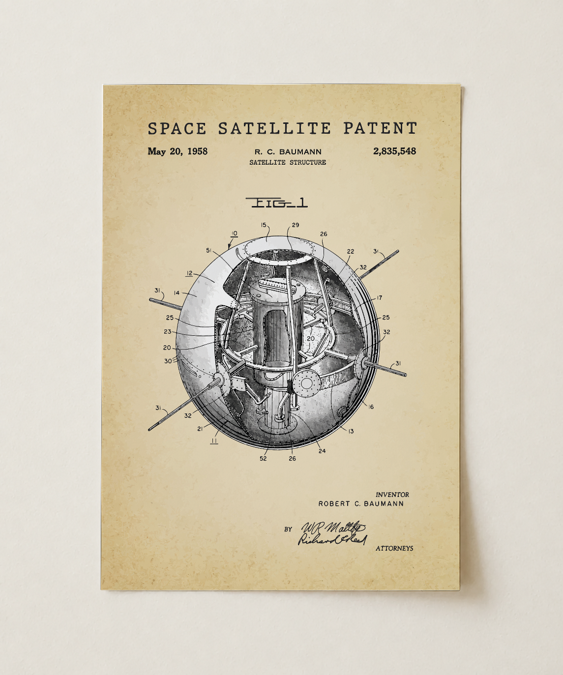 Space satellite patent print, unframed