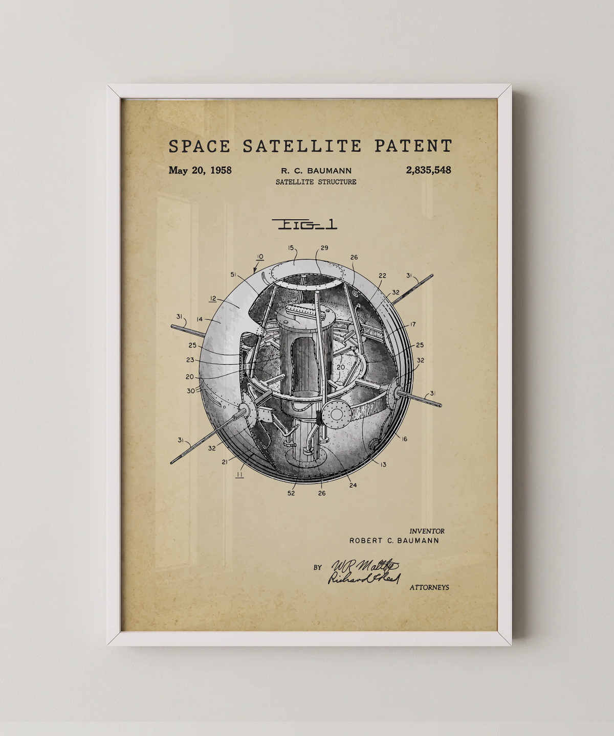 Space satellite patent print in a white frame