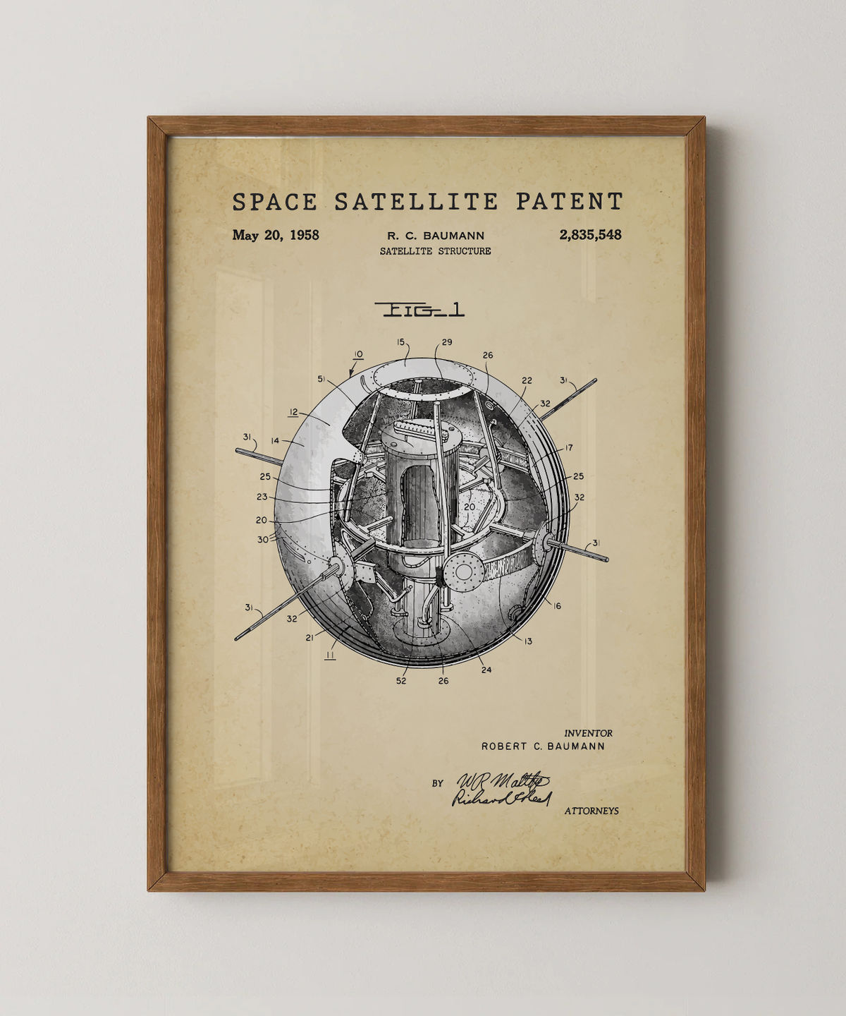 Space satellite patent print in a natural oak wood frame