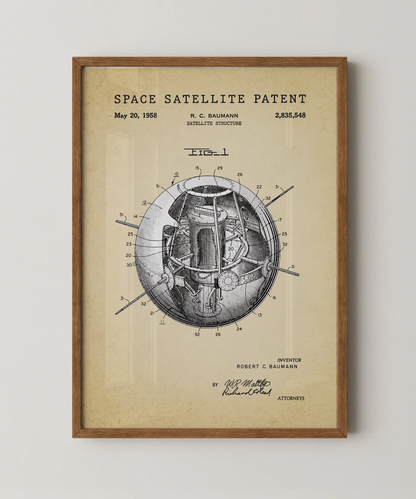 Space satellite patent print in a natural oak wood frame