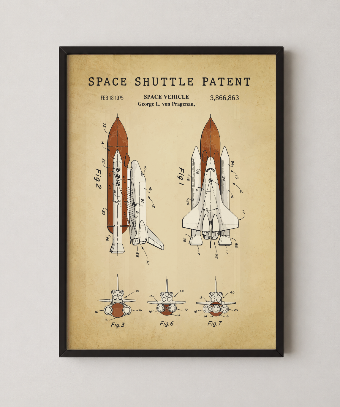 Space shuttle patent print in a black frame