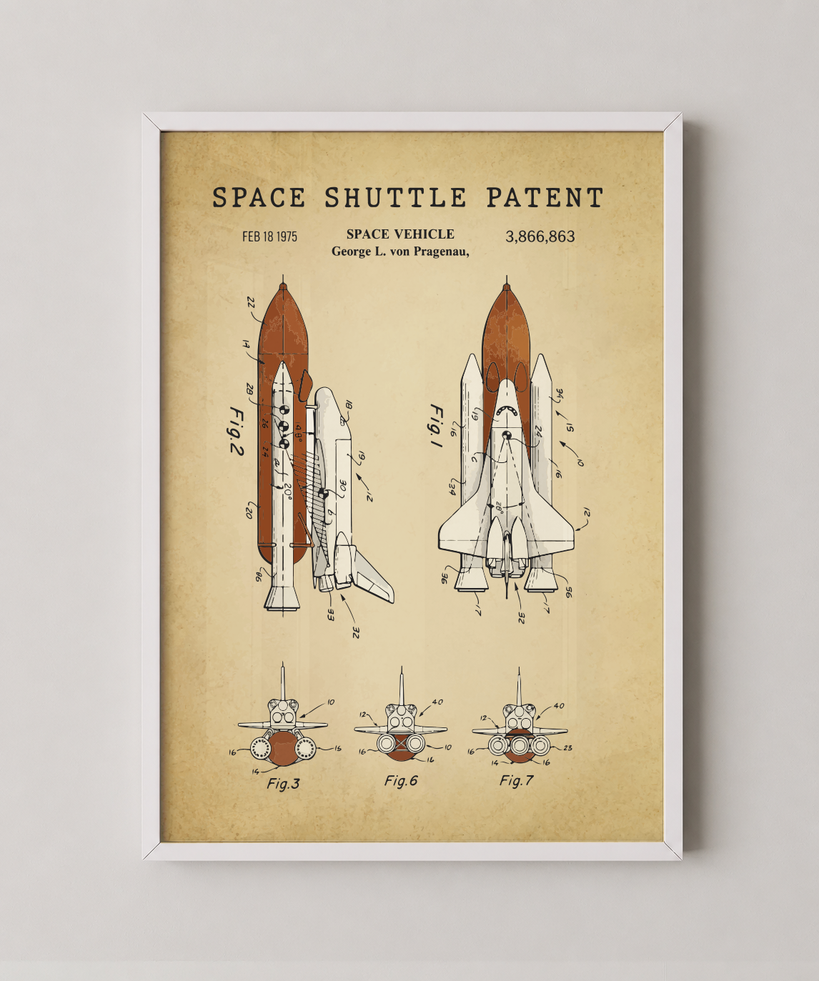 Space shuttle patent print in a white frame