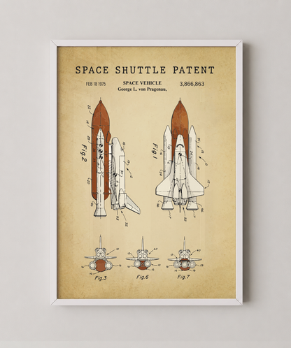 Space shuttle patent print in a white frame