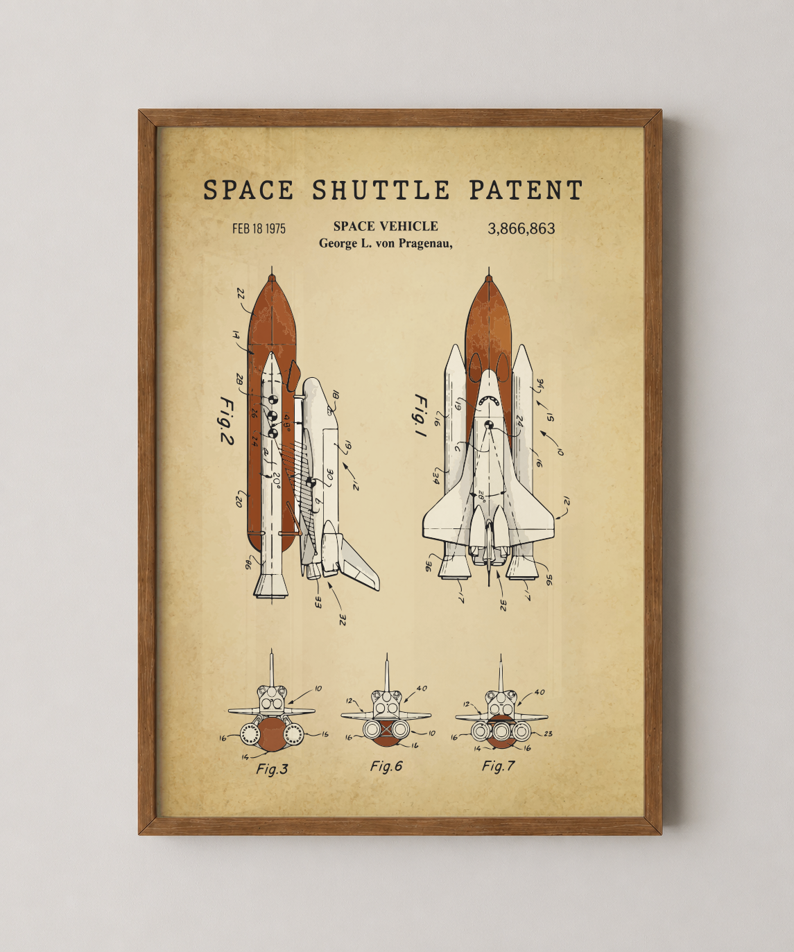 Space shuttle patent print in a natural oak wood frame