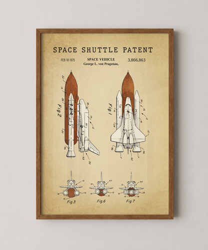 Space shuttle patent print in a natural oak wood frame