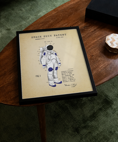 Space suit patent print displayed on a tabletop