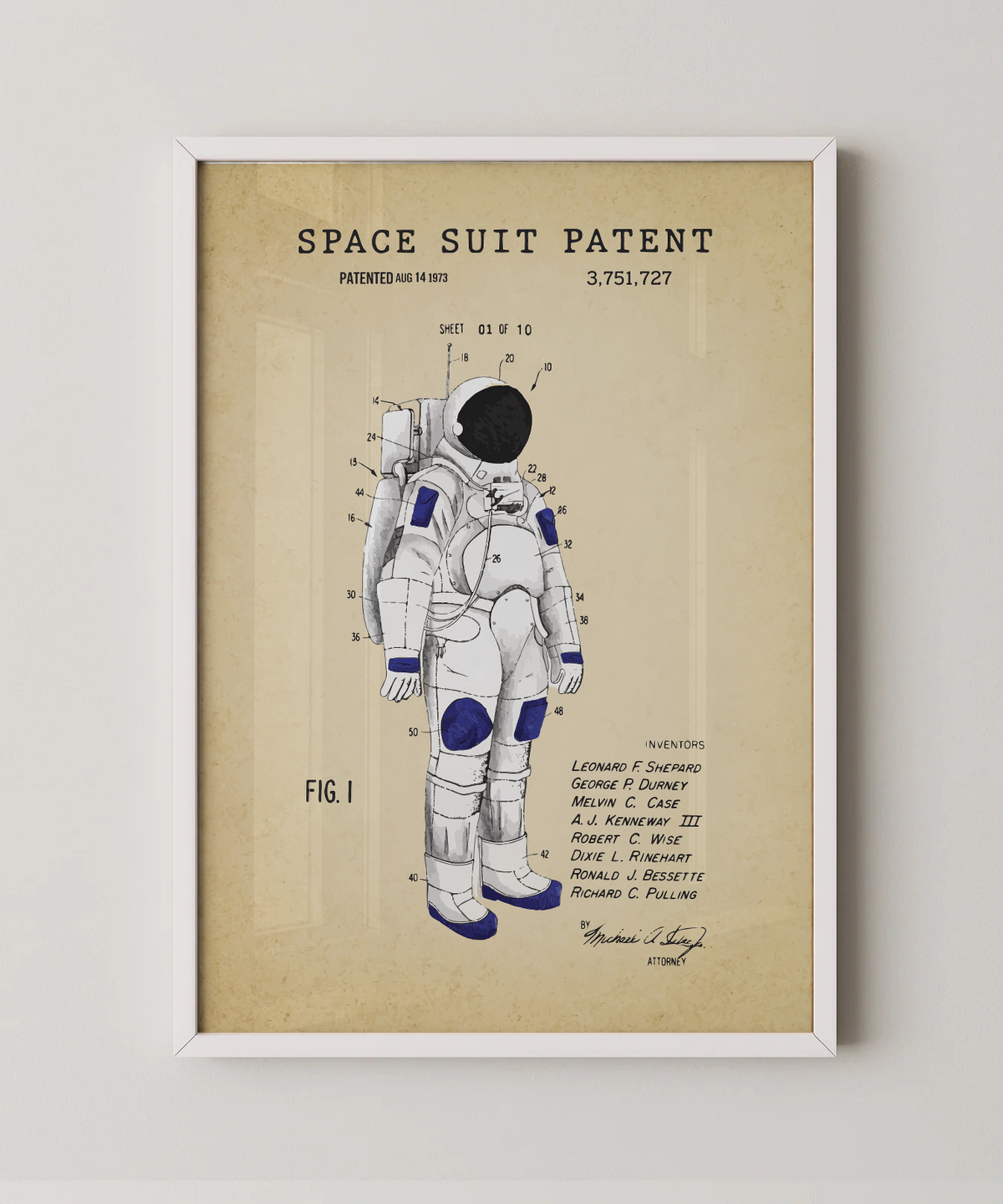 Space suit patent print in a white frame
