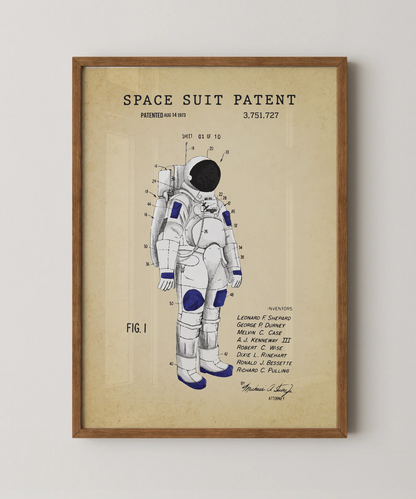 Space suit patent print in a natural oak wood frame