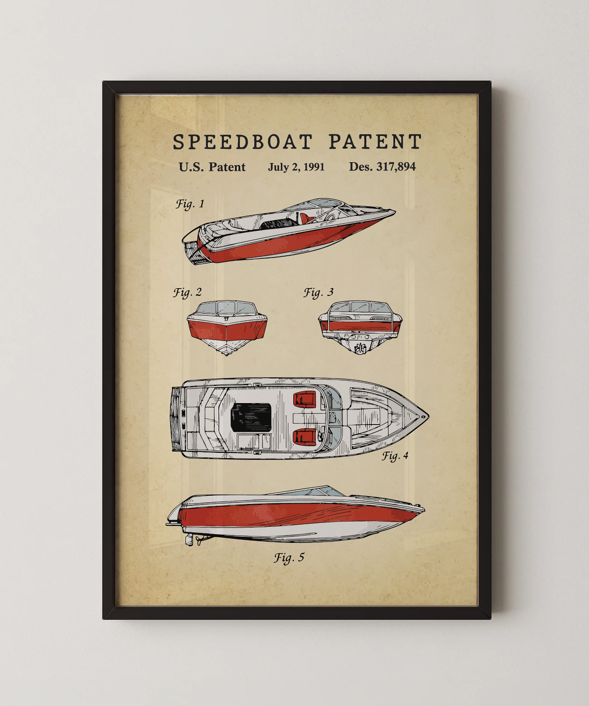 Speedboat patent print in a black frame