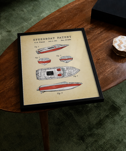 Speedboat patent print displayed on a tabletop