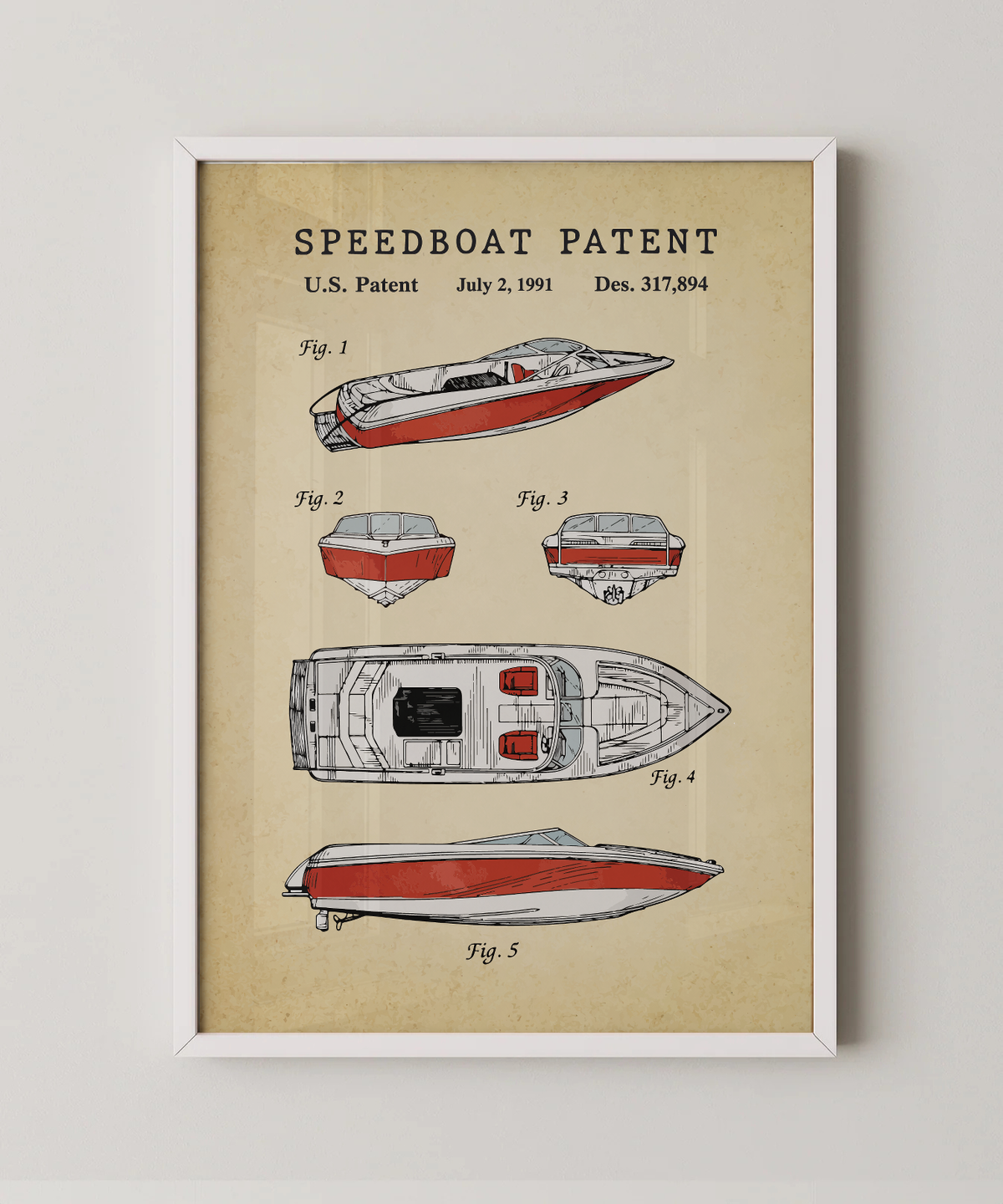 Speedboat patent print in a white frame
