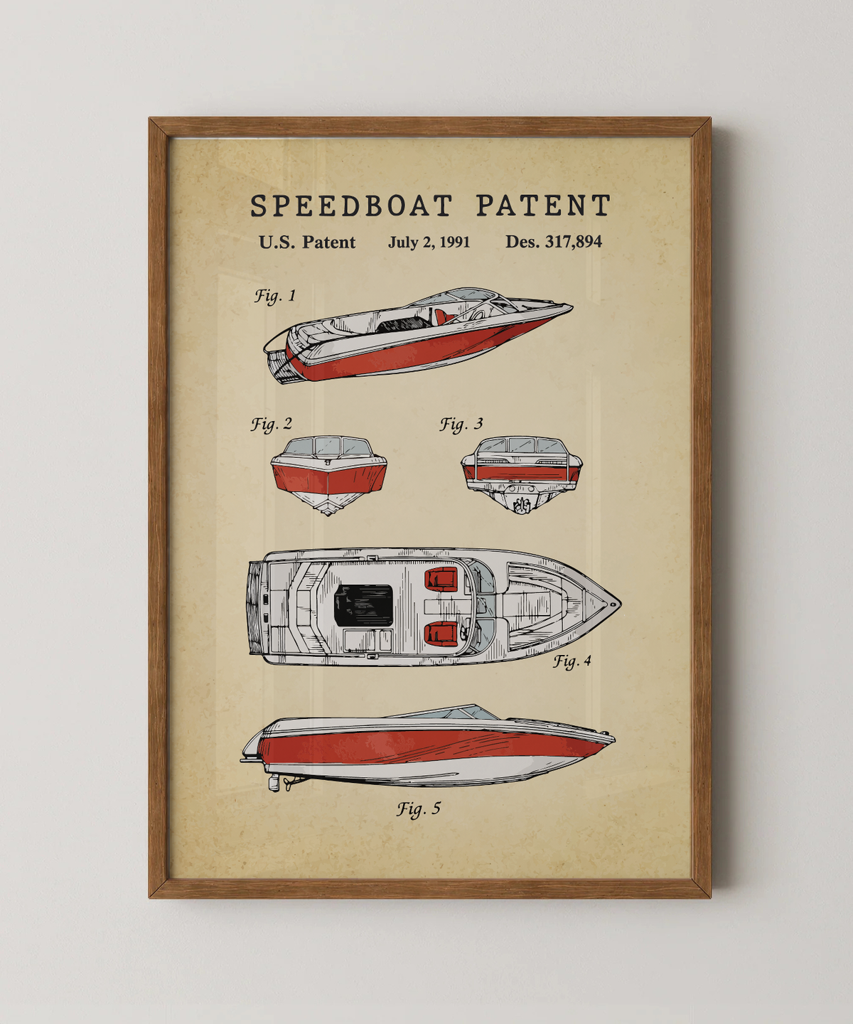 Speedboat patent print in a natural oak wood frame