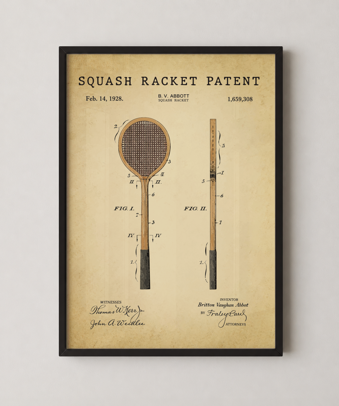 Squash racket patent print in a black frame