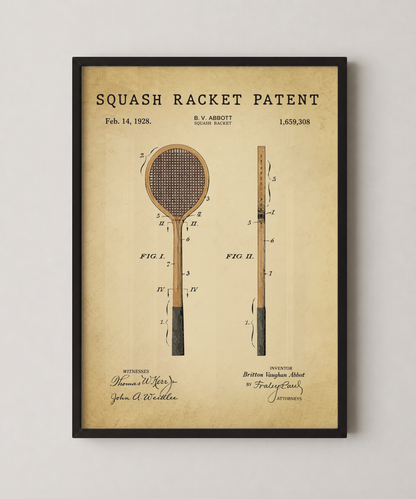 Squash racket patent print in a black frame