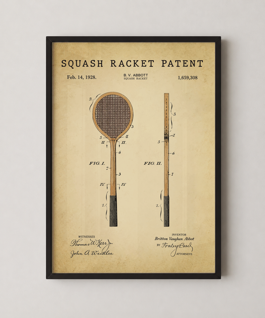 Squash racket patent print in a black frame