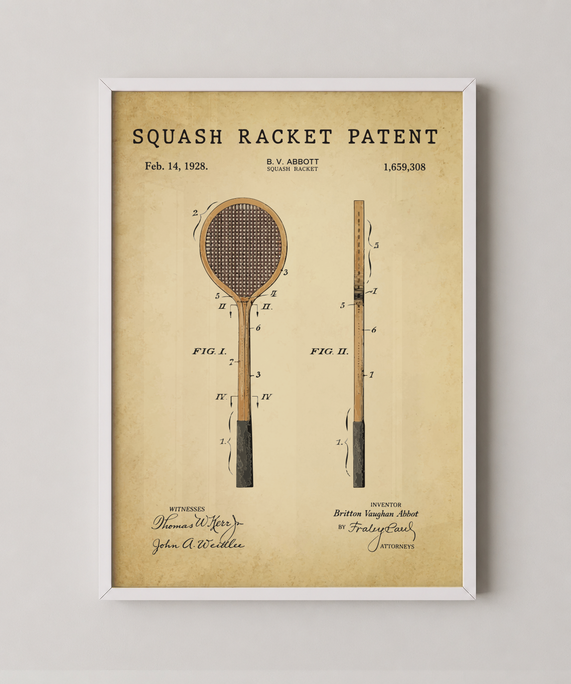 Squash racket patent print in a white frame