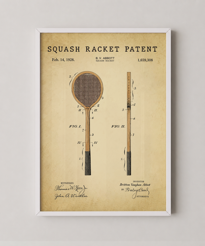 Squash racket patent print in a white frame