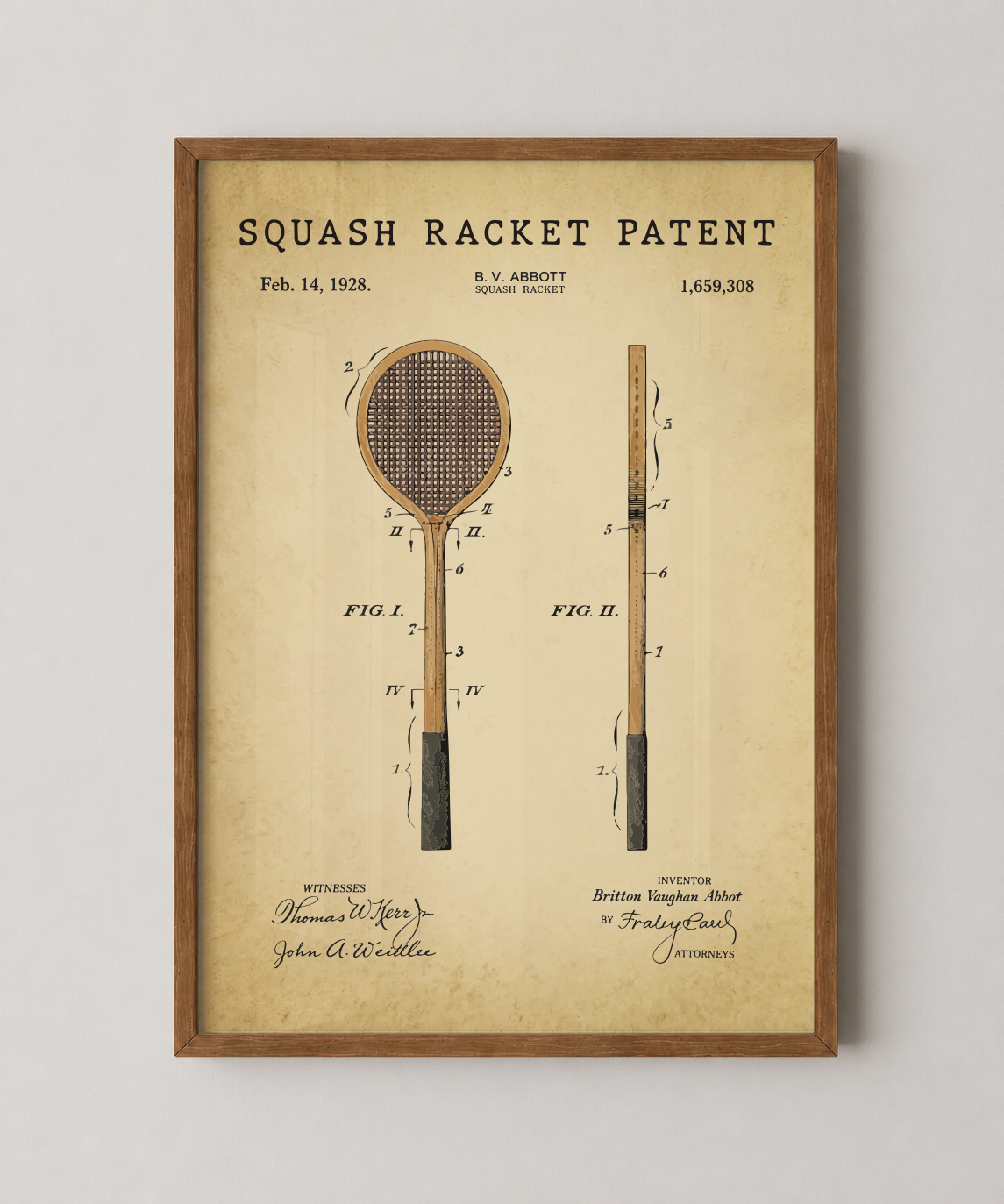 Squash racket patent print in a natural oak wood frame
