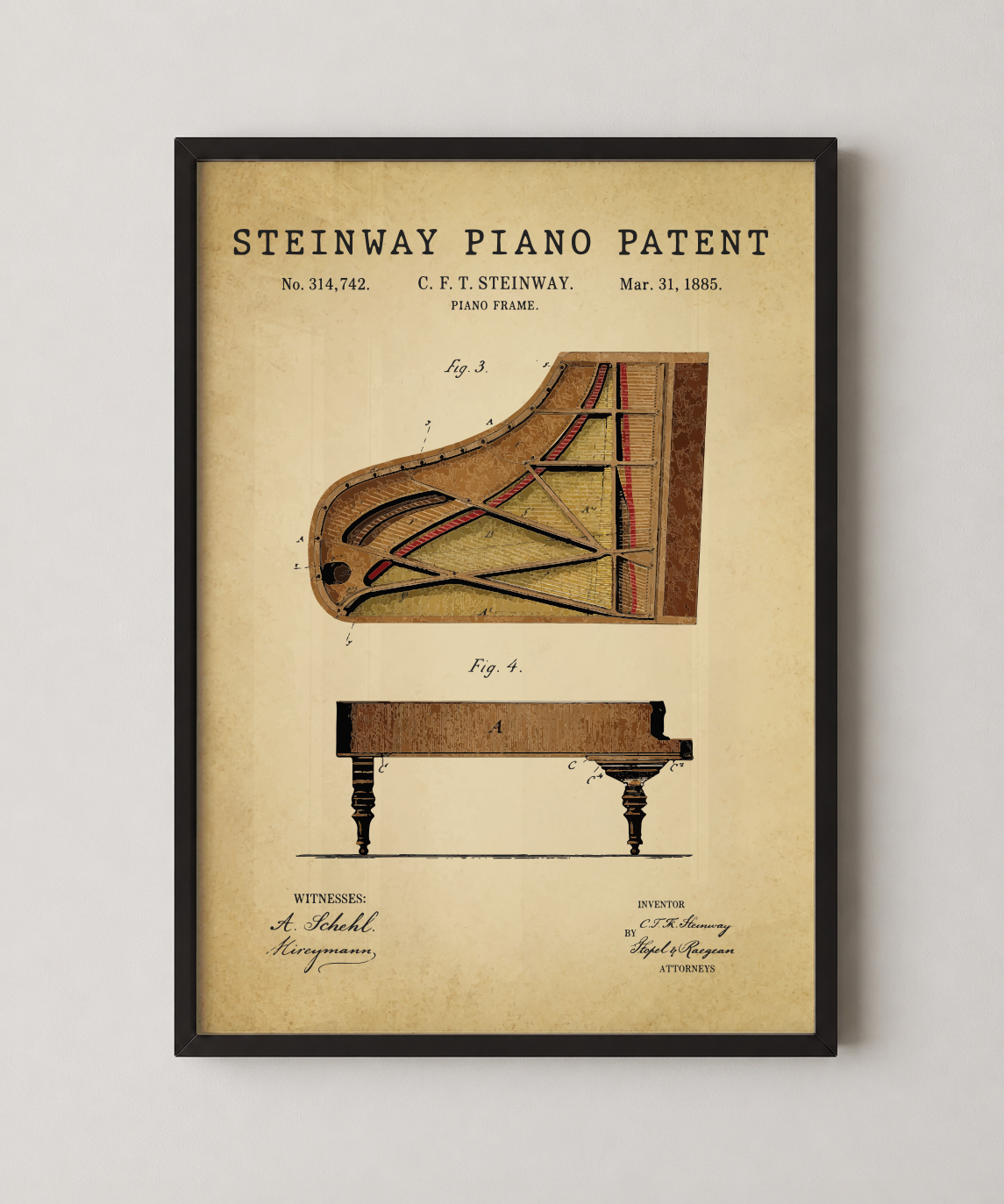 Steinway piano patent print in a black frame