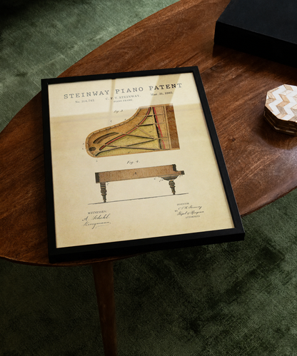 Steinway piano patent print displayed on a tabletop