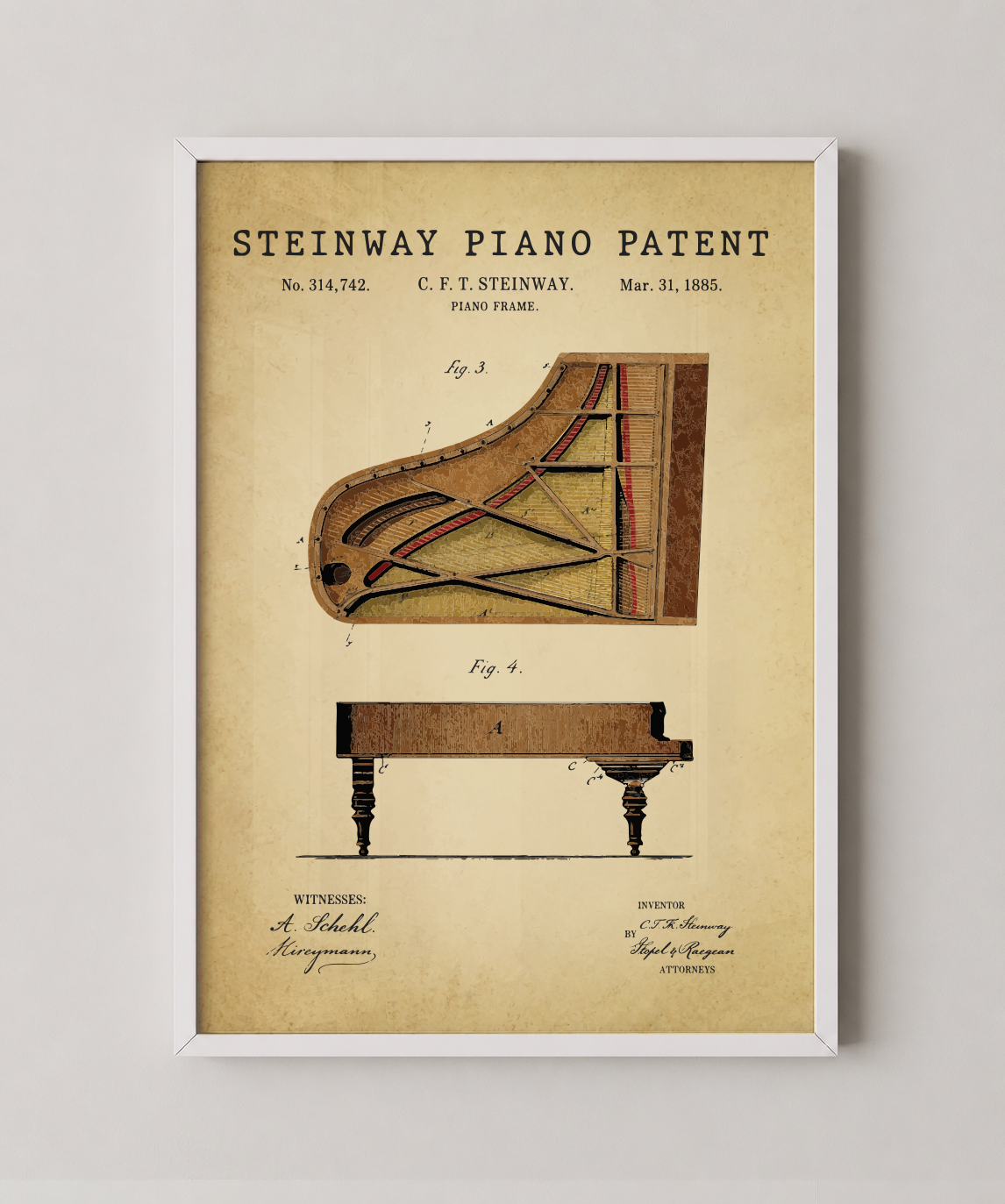 Steinway piano patent print in a white frame