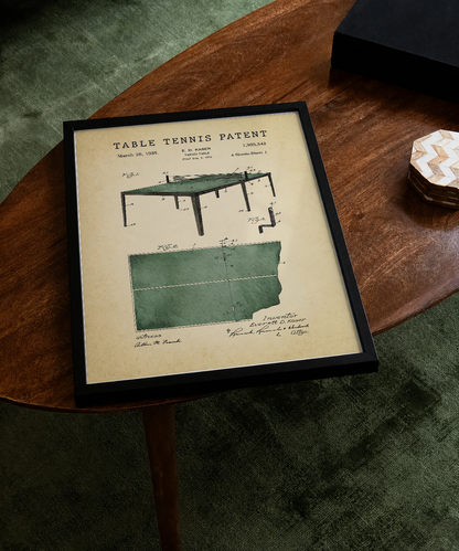 Table tennis patent print displayed on a tabletop