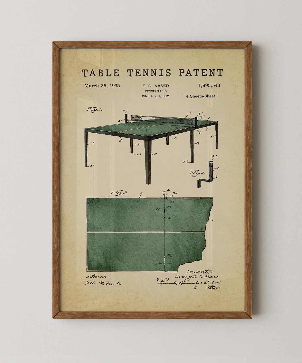 Table tennis patent print in a natural oak wood frame