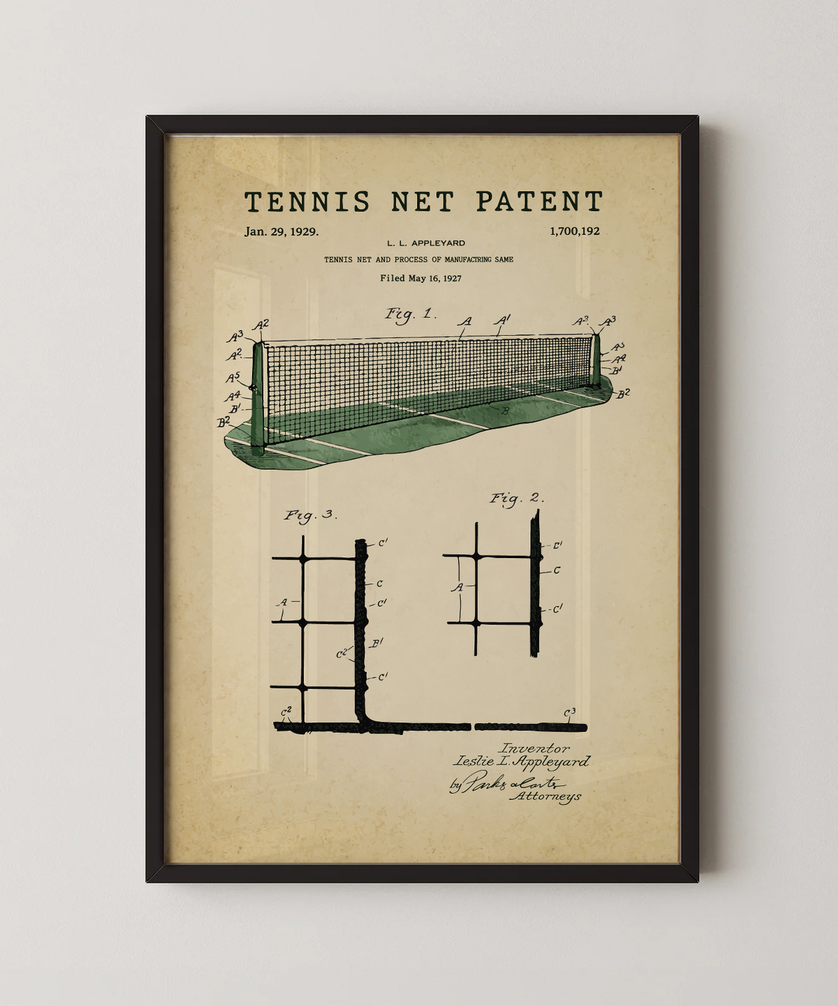 Tennis net patent print in a black frame