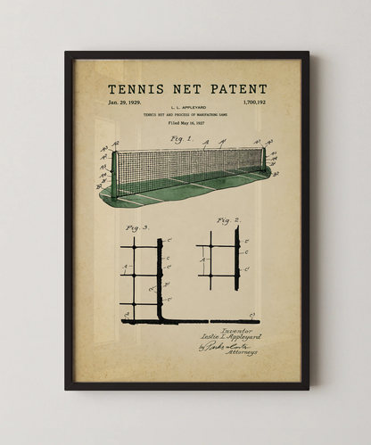 Tennis net patent print in a black frame