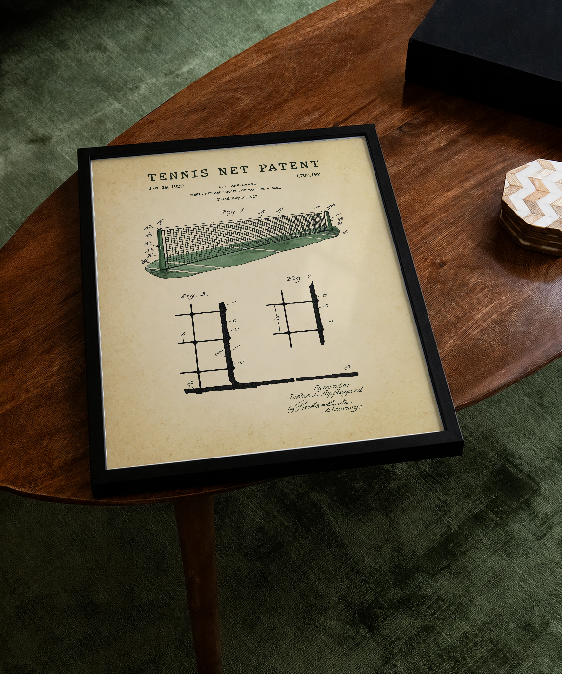 Tennis net patent print displayed on a tabletop