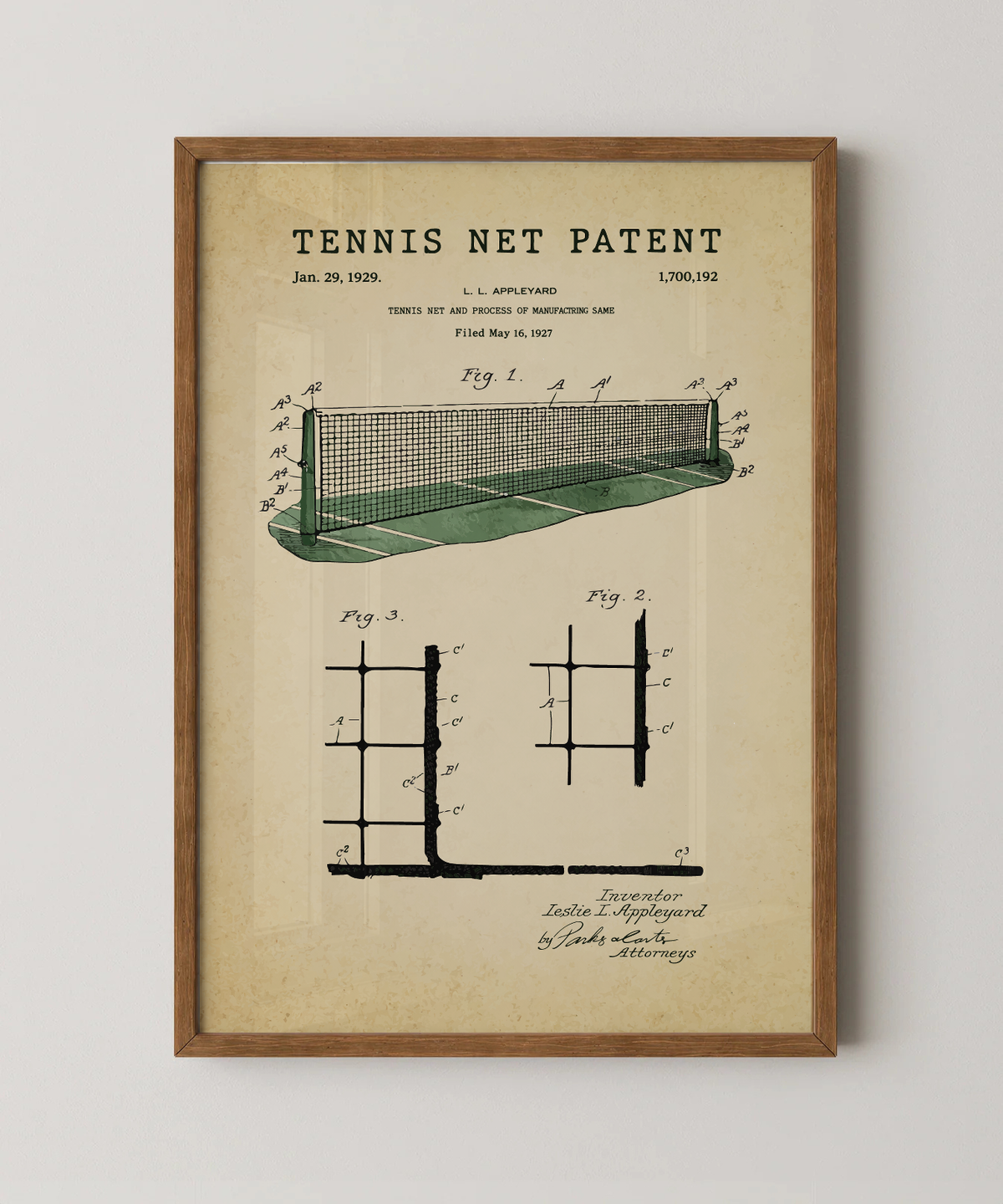 Tennis net patent print in a natural oak wood frame