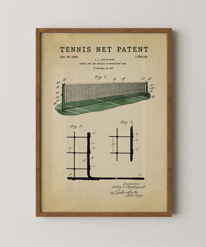 Tennis net patent print in a natural oak wood frame