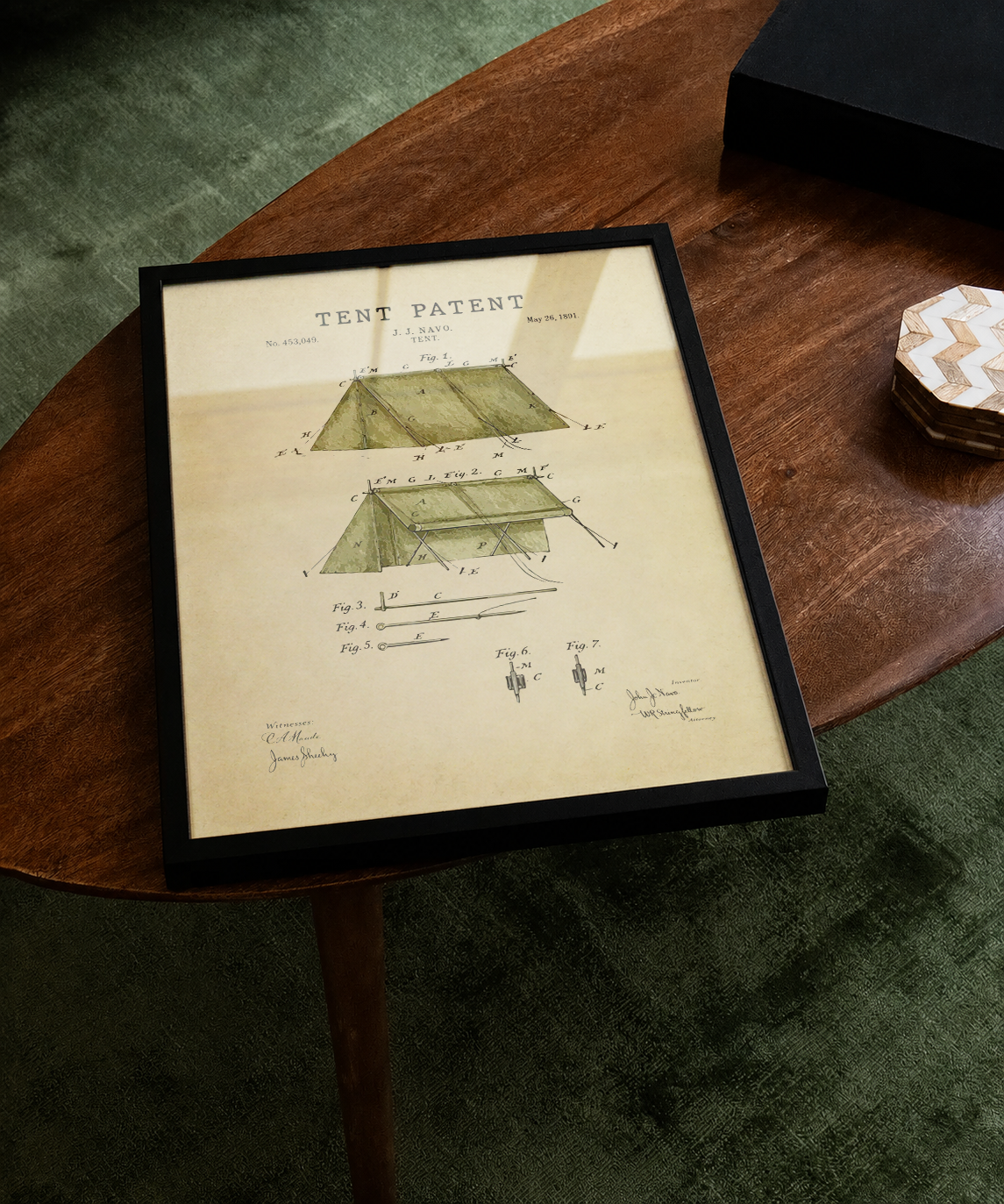 Tent patent print displayed on a tabletop