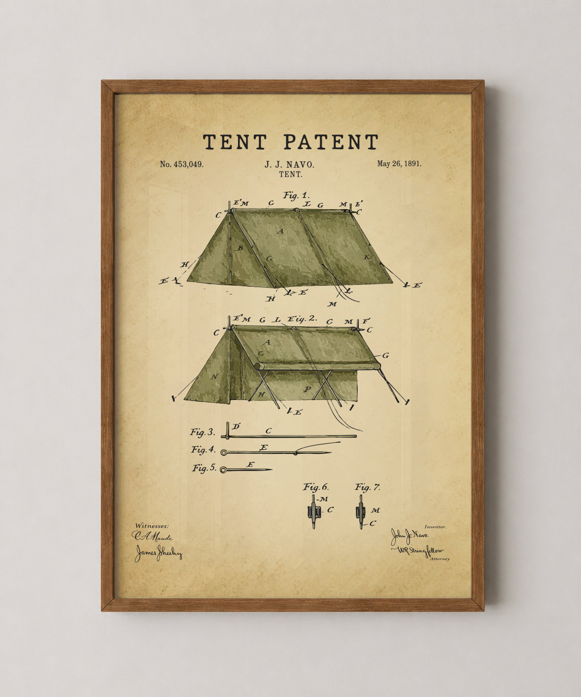 Tent patent print in a natural oak wood frame