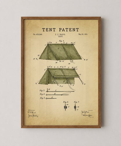 Tent patent print in a natural oak wood frame