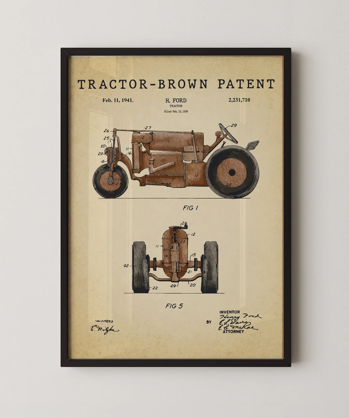 Brown tractor patent print in a black frame