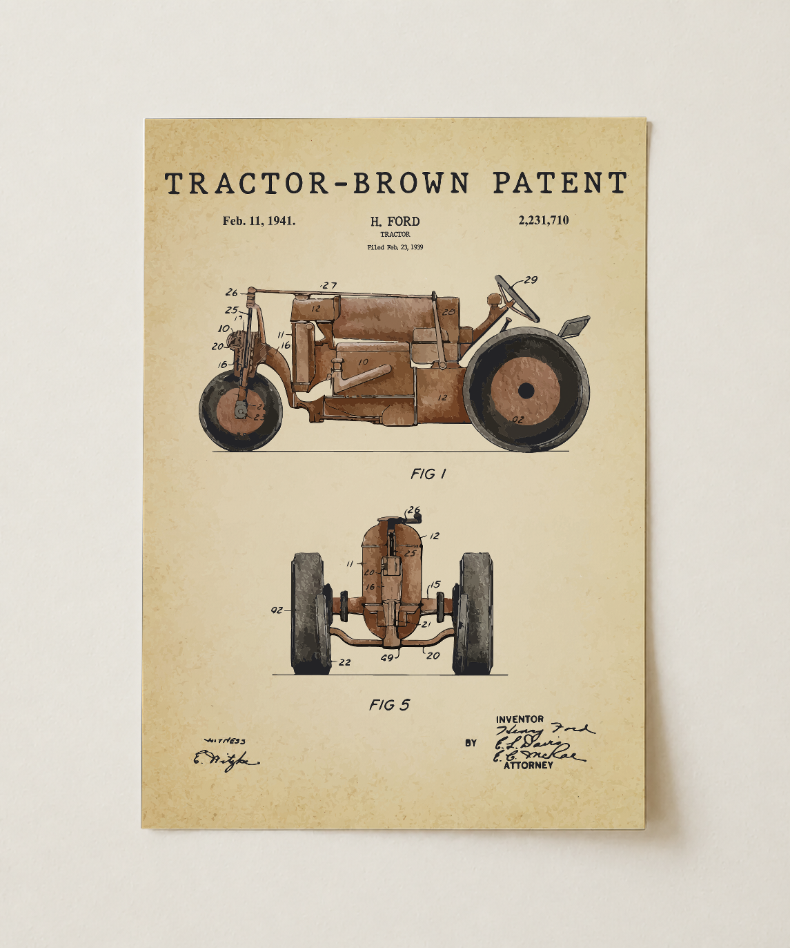 Brown tractor patent print, unframed