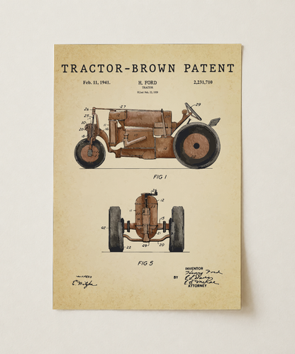 Brown tractor patent print, unframed